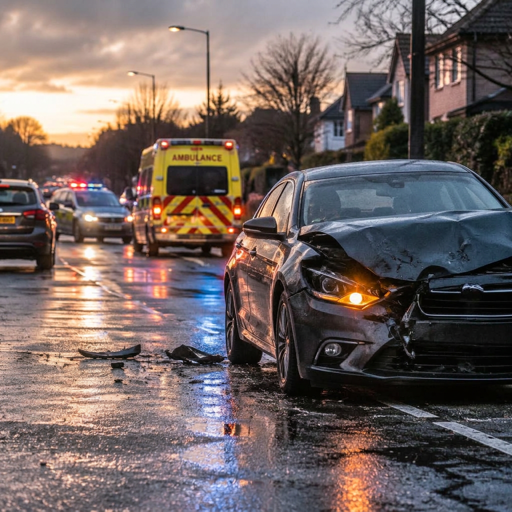 A damaged car on a wet road with an ambulance behind it